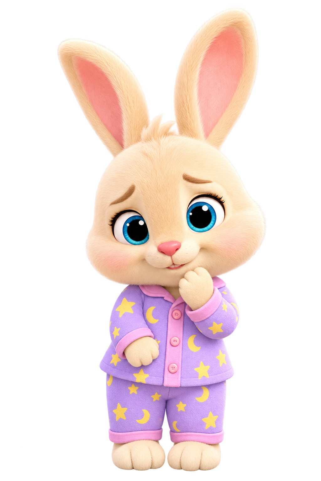 Bun Bun the Bunny smiling in starry pajamas